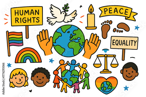 Human Rights Symbols. Human rights movement. Colorful Hand-drawn doodle Children illustration Human rights movement earth, open hands, dove, candle, protest