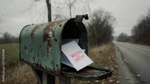 An old rusty mailbox stands by a rural road, holding a letter stamped 'Return to Sender,' surrounded by bare trees and fallen leaves.