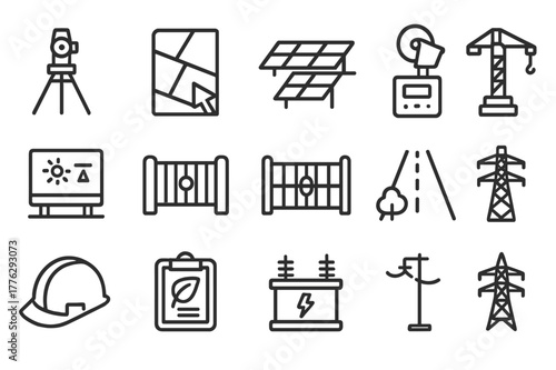 Solar Farm Icons. Solar farm development. Line icon set of solar farm development: site survey, parcel map, racking rows, tracker motor, inverter skid, fence