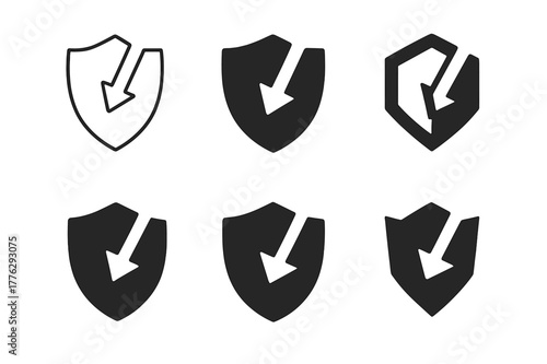 Shield Logo Variations. Risk of loss. Set Logo of Risk of loss: broken shield with downward arrow. harmonious logo variations of the same emblematic concept,