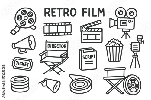 Retro Film Icons. Retro Film. Hand-drawn doodle illustration Retro Film film reel, movie tape, clapperboard, projector, camera, popcorn, director?s chair,