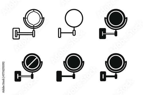 Vanity Mirror Icons. vanity mirror. Set Logo of vanity mirror: Wall-mounted extendable arm mirror. Icon set. harmonious logo variations of the same emblematic