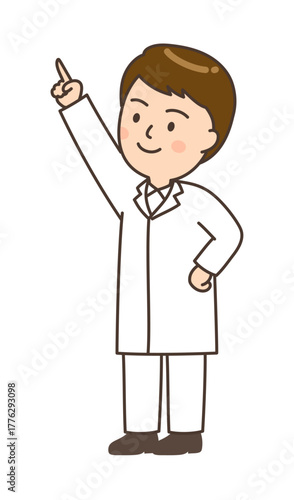 腰に手を当てて斜め上を指さす笑顔の若い男性医師