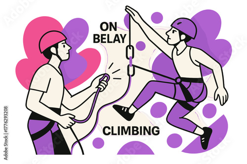 Dynamic Climbing Scene. Belay & Clip Under Pressure. Belayer feeds rope, device hums; above, a climber reaches past a quickdraw with laser focus. ?On belay /
