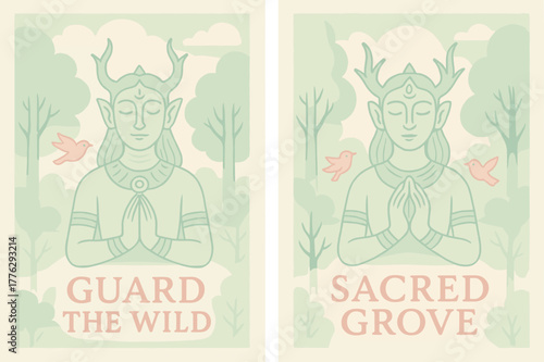 Forest Guardian Banners. Forest Protector. Two vertical A6 banners with safe margins, centered composition, no elements touching edges, pastel, pastel mint and