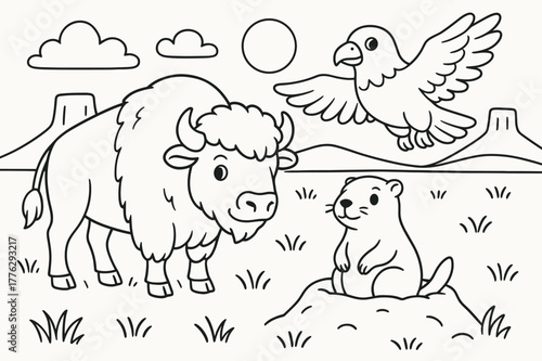 Prairie Animals Coloring. Prairie animals children?s coloring book illustration, outlined drawing, bison, prairie dog, and eagle in a western grassland scene,