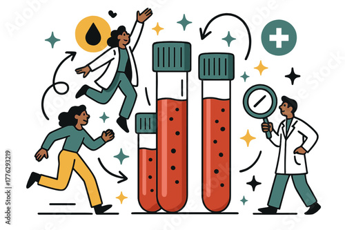 Dynamic Blood Test Illustration. Blood test. Close-up of blood vials with abstract floating icons, arrows, and sparkles; emphasizes testing, analysis, and