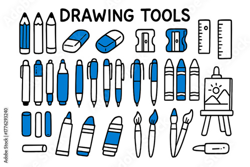 Colorful Drawing Tools. Drawing Tools. Hand-drawn doodle illustration Drawing Tools Pencils, colored Pencil, Eraser, colored Eraser, Sharpener, colored