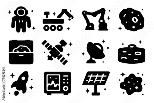 Space Icons Grid. Space exploration and meteorites. Solid icons set of Space exploration and meteorites: astronaut, rover, sample arm, meteorite