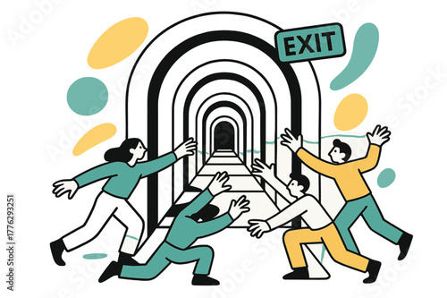 Infinite Exit Pursuit. Endless Corridor. Long corridor of archways repeats into void while figures reach toward a shrinking doorway labeled ?exit?. The sign