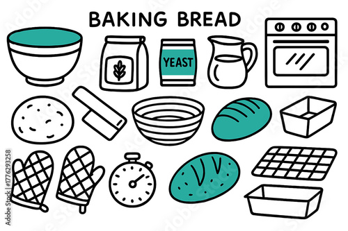 Bread Baking Essentials. // Baking bread. Hand-drawn doodle illustration Baking bread [mixing bowl (accented), flour bag, yeast packet (accented), water jug,