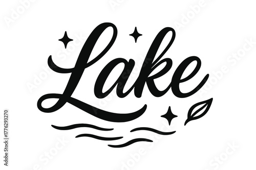 Serene Lake Lettering. Script Hand-Lettering ? "Lake" in flowing brush script, semi-cursive with fluid strokes, slight upward tilt to convey calm and serenity,