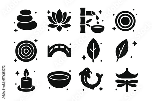 Zen Icon Collection. Zen Pathway. Solid icons set of Zen Pathway: smooth stones, lotus flower, bamboo fountain, sand ripple, bridge, leaf, candle, water bowl,