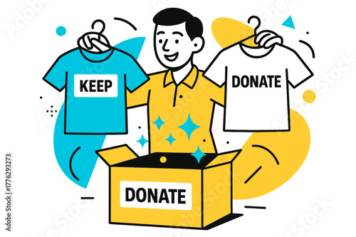 Closet Declutter Decision. Closet Declutter Moment. A smiling person holds two shirts?one marked ?Keep,? one ?Donate.? Light geometric sparkles float around