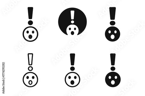 Gasp Face Icons. audience reaction. Set Logo of audience reaction: Gasp face with exclamation mark. Icon set. harmonious logo variations of the same emblematic