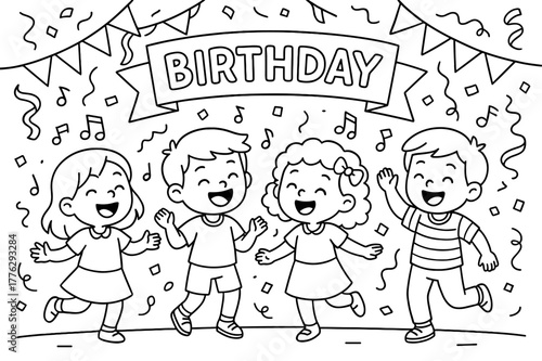 Birthday Celebration Coloring Page. Birthday song and dance children?s coloring book illustration, outlined drawing, children singing and dancing joyfully