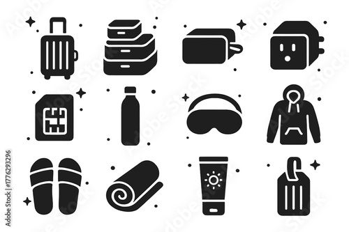Nomad Travel Essentials Icons. Travel Essentials for Nomads. Solid icons set of Travel Essentials for Nomads: carry on suitcase, packing cubes, toiletry bag,