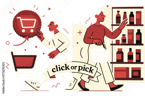 Shopping Choices Comparison. Shopping Habits ? Online Cart vs Aisle. Split scene: left shows a glowing cart icon; right shows a calm aisle with a basket.