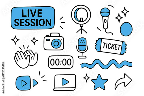 Live Session Icons. Live session promo. Hand-drawn doodle illustration live session promo live badge (accented), camera, ring light (accented), mic, countdown