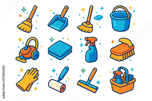 Colorful Cleaning Icons. Household cleaning tools. Colorful isometric vector icons set of Household cleaning tools: broom, dustpan, mop, bucket, vacuum