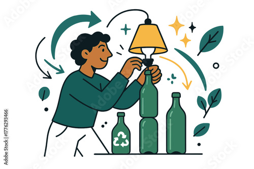 Eco Lamp Creation. Upcycling and creative reuse of materials. Person crafting a decorative lamp from recycled bottles with abstract floating arrows, sparkles,