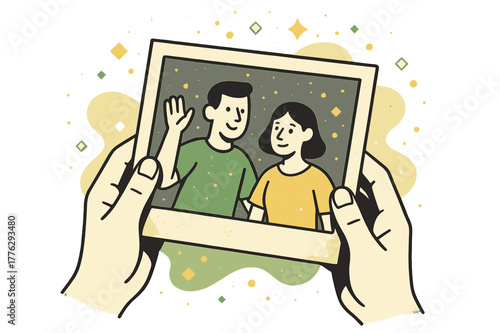 Sentimental Dusty Photograph. Dusty Photograph. Hands holding an aged, dusty photograph with floating abstract geometric dust particles and soft glowing