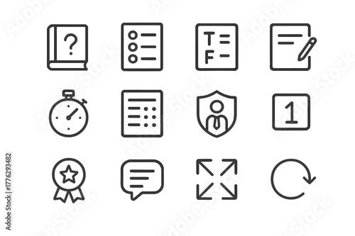 Assessment Icon Set. Assessments and quizzes. Line icon set of assessments: question bank, multiple choice, true false, short answer, timer, answer sheet,