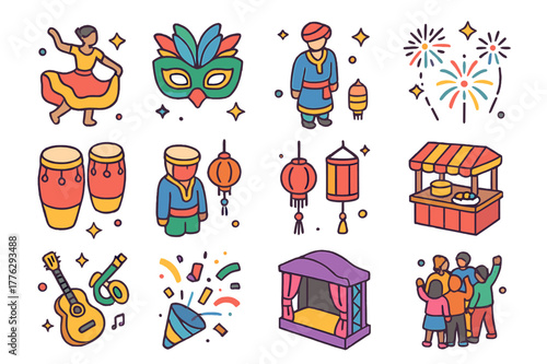 Global Celebration Icons. Global celebration. Colorful isometric vector icons set of global celebration: traditional dance, festival mask, parade float,