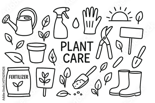 Plant Care Tools. Plant care. Hand-drawn doodle illustration plant care watering can, spray bottle, gloves, pruning shears, pot, leaves, fertilizer bag, soil