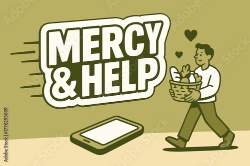 Mercy and Help Banner. Mercy and Help banner, flat vector illustration, bold oversized text inside sticker outline banner, cartoon characters walking and