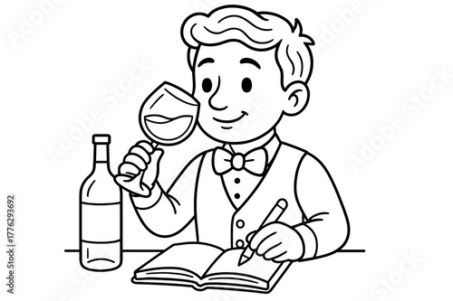 Sommelier Coloring Page. a sommelier tasting wine children?s coloring book illustration, outlined drawing, a professional sommelier tasting wine and taking