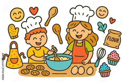 Joyful Kitchen Collaboration. Cooking together. Colorful Hand-drawn doodle Children illustration Cooking together chef hats, mixing bowl, spoon, cookies,