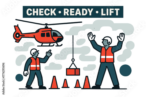 Hoist Drill Practice. Training Day Hoist Drill. Cones mark the LZ; crews practice hand signals under a crisp blue sky. ?CHECK ? READY ? LIFT? ticks across a