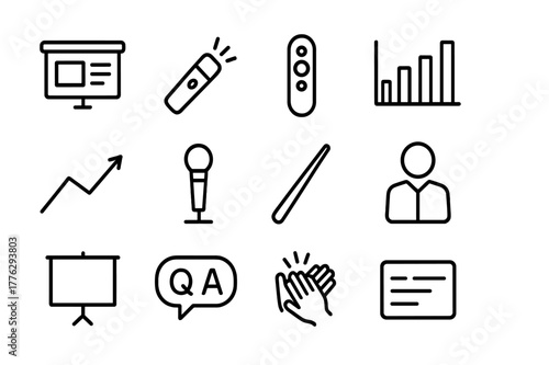 Presentation Icon Set. Presentation. Line icon set of Presentation: slide deck, laser pointer, clicker remote, bar chart, line graph, microphone, pointer