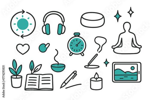 Mindfulness Meditation Tech Icons. // Mindfulness & meditation tech. Hand-drawn doodle illustration mindfulness & meditation tech [breath pacing circle