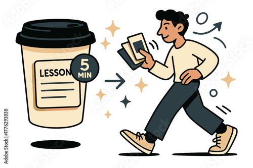 Dynamic Learning Moments. Micro-learning breaks. A coffee cup turns into a mini lesson card with a ? min? badge; sparkles float between tasks. A character