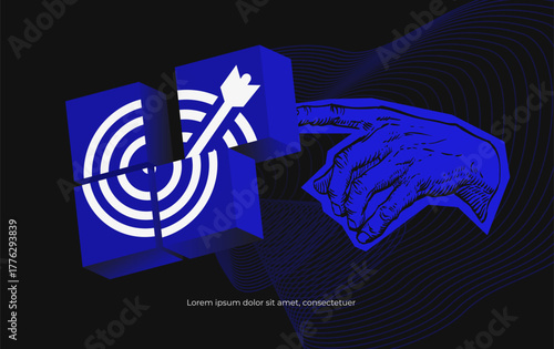 Hand pushing a cube to align four blocks into a complete target with an arrow in the center. Concept of business goals, focus, precision, teamwork, strategy and successful achievement.