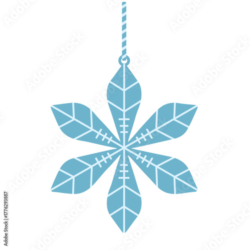 Minimalist blue snowflake pendant illustration, modern geometric winter ornament with clean lines and symmetry, perfect for Christmas cards, festive decorations, wrapping paper, and holiday design