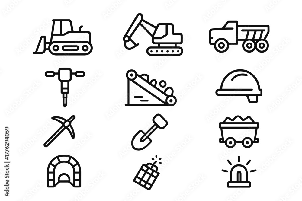 Fototapeta premium Mining Icon Set. Mining and excavation. Line icon set of mining and excavation: bulldozer, excavator, dump truck, rock drill, conveyor belt, safety helmet,