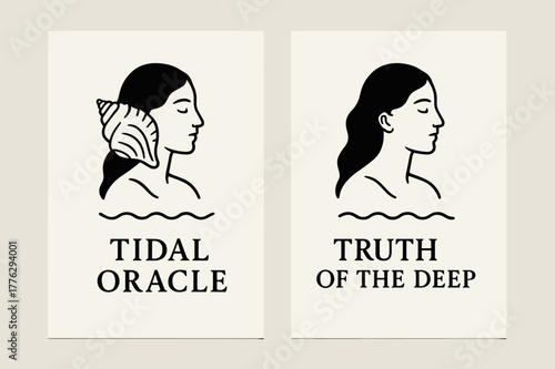 Tidal Oracle Banners. Sea Oracle. Two vertical A6 banners with safe margins, centered composition, no elements touching edges, minimal, black and white, calm