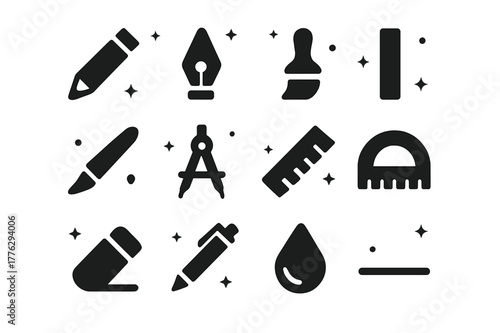 Drawing Tools Icons. Drawing Tools. Solid icons set of Drawing Tools: pencil, pen nib, brush tip, charcoal stick, blending stump, compass, ruler, protractor,
