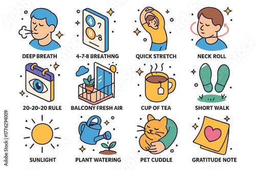 Mindful Gaming Breaks Icons. Mindful gaming breaks. Colorful isometric vector icons set of Mindful gaming breaks: deep breath icon, ?? breathing card, quick