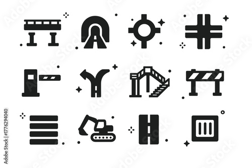 Road Infrastructure Icons. Road infrastructure. Solid icons set of road infrastructure: overpass bridge, tunnel portal, roundabout, intersection cross, toll