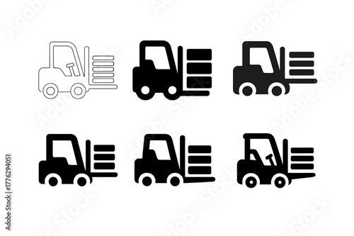 Material Handling Icons. Material handling at industrial sites. Set Logo of Material handling at industrial sites: Forklift carrying pallet. Icon