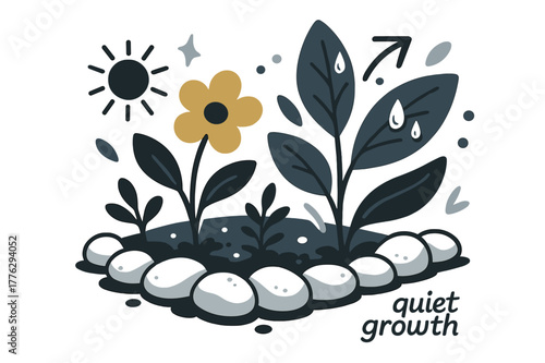 Serene Garden Corner. Pebble ? Garden Corner. Pebbles line a flower bed with soft shadows; droplets glint after rain. Label ?quiet growth? in small script