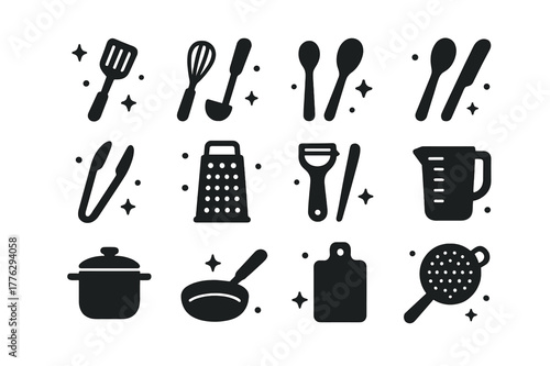 Black Cooking Utensils Grid. Cooking Utensils. Solid icons set of Cooking Utensils: spatula, whisk, ladle, wooden spoon, tongs, grater, peeler, measuring cup,