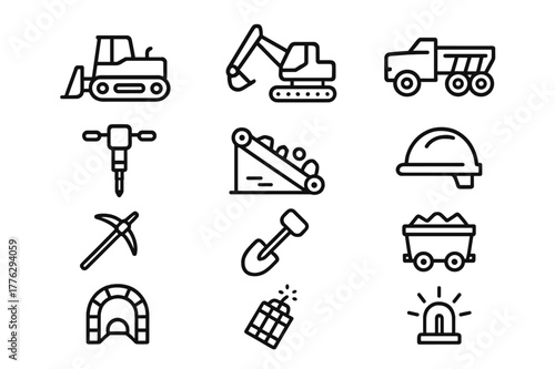 Mining Icon Set. Mining and excavation. Line icon set of mining and excavation: bulldozer, excavator, dump truck, rock drill, conveyor belt, safety helmet,