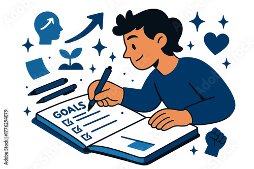Goal-Setting Illustration. A person setting goals and writing a to-do list in a planner for self-improvement. Planner open with checklist, pens, and sticky