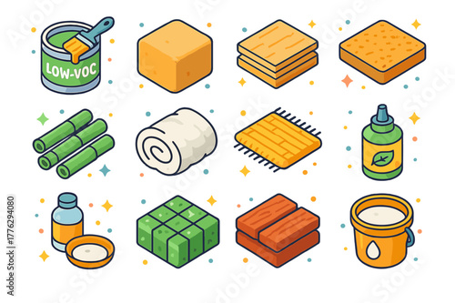 Non-Toxic Materials Icons. Non-toxic materials. Colorful isometric vector icons set of non-toxic materials: low-VOC paint, natural clay plaster,
