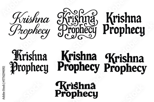 Krishna Lettering Variations. Krishna Prophecy. Set lettering. harmonious lettering variations of the same emblematic concept, each with different artistic